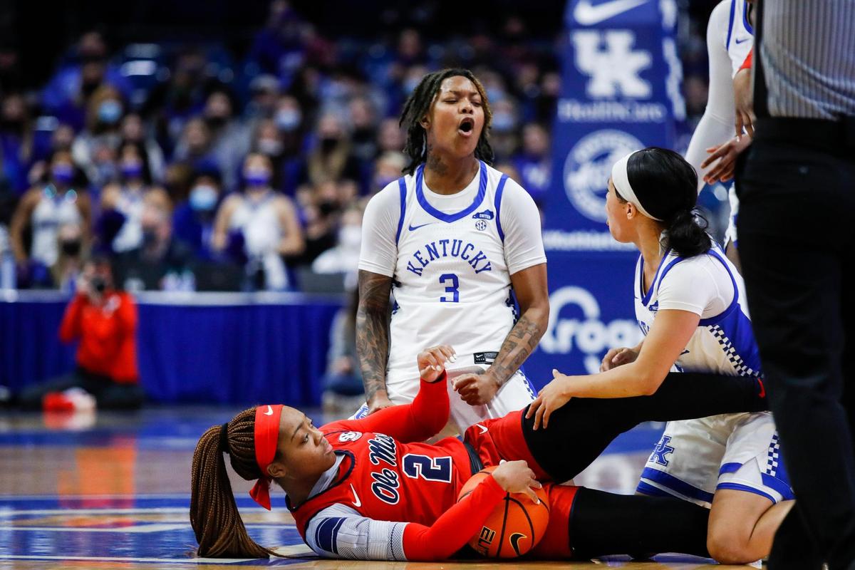 Kentucky’s Jazmine Massengill (3) celebrates after forcing a turnover by Mississippi’s Mimi Reid (2) during Sunday’s game at Rupp Arena.