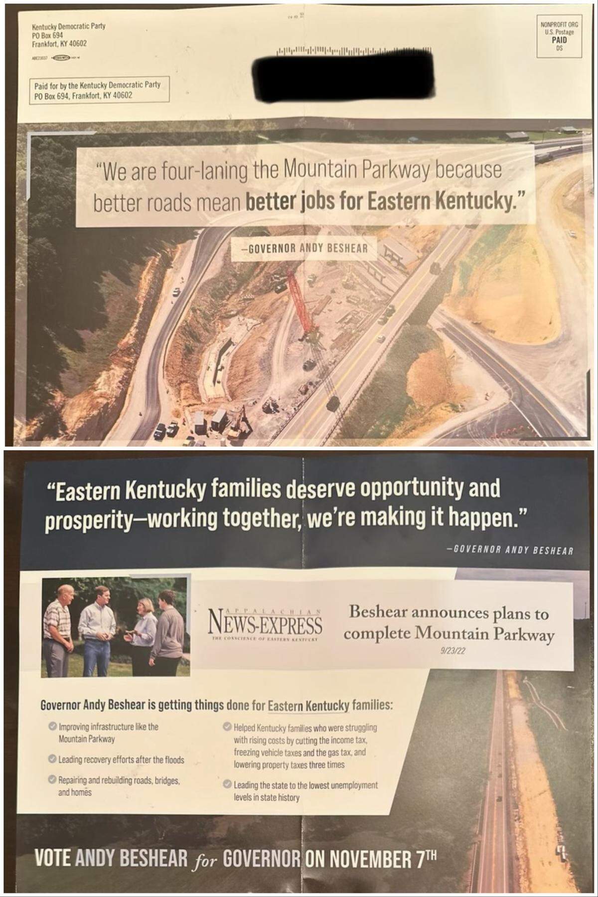 A mailer from the Kentucky Democratic Party touting Beshear’s record in Eastern Kentucky