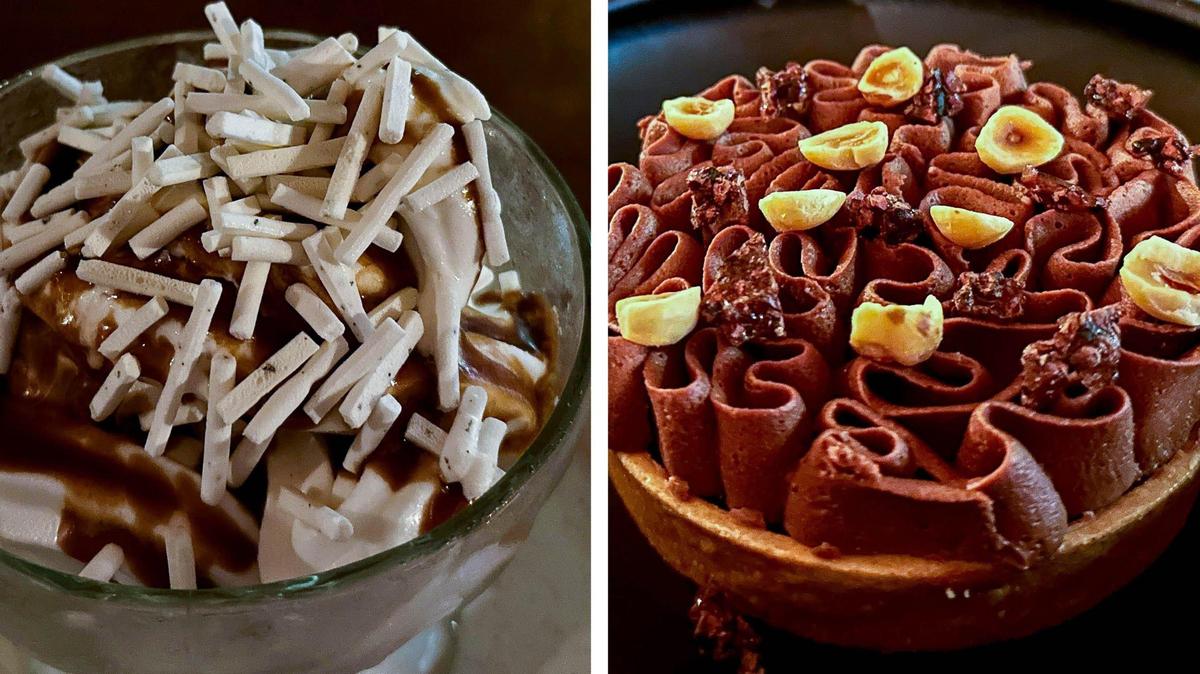 Two popular dessert courses at Mileta. At left is an ice cream sundae made with Parmesan soft serve, balsamic caramel, olive oil and thyme meringue “sprinkles” ($15). At right is a chocolate tart with hazelnut praline, amaro Montenegro ganache and gianduja mousse ($15).