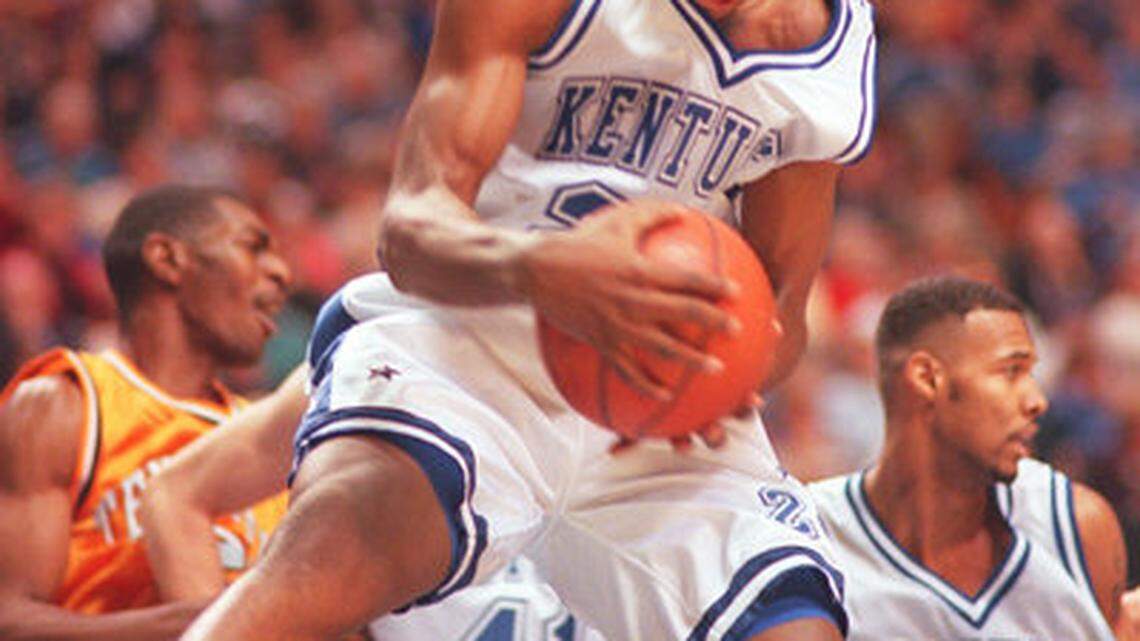 UK's Antoine Walker grabbed a rebound in a 1996 game.