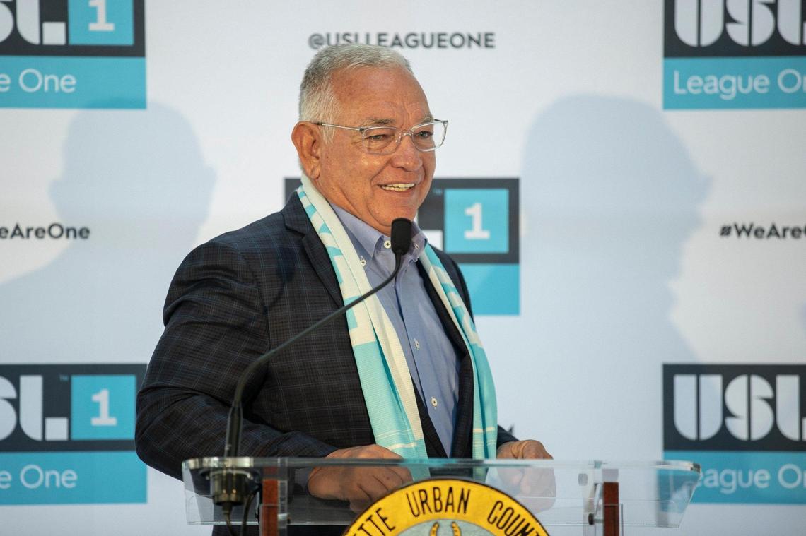 William J. Shively, the founder of Tower Hill Sports, which majority owns Lexington’s new pro soccer franchise, spoke during Tuesday’s news conference downtown.