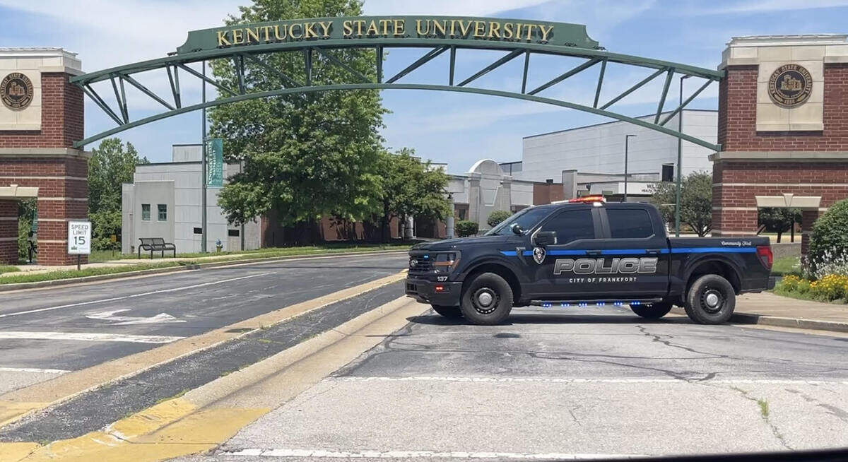 A Frankfort Police Department truck blocks the main entrance to Kentucky State University, which was evacuated on Thursday, May 28, 2026, due to a safety threat made to campus.