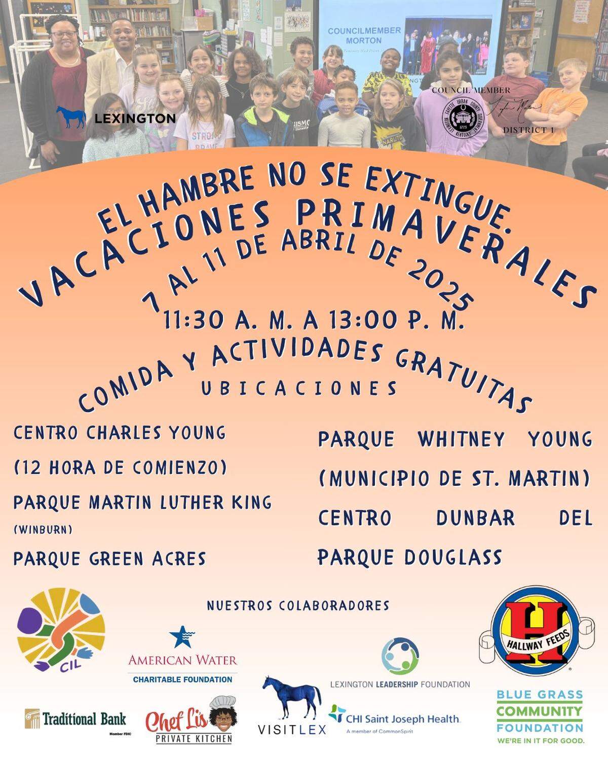 A poster advertising the ‘Hunger Doesn’t Take a Spring Break’ program, in Spanish.