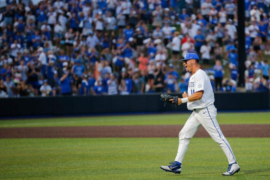Kentucky infielder Hunter Gilliam (14) celebrates as the Wildcats close out Indiana in front of a UK record crowd at Kentucky Proud Park on Monday night.
