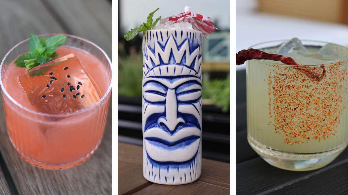 Mileta has a wave of new cocktails inspired by tropical flavors and tiki traditions for the summer. From left, Melonious Thunk (strawberry and tarragon-infused vodka meets watermelon cordial and bergamot liqueur), Nude Beach (rum, coconut, pineapple, lime, tiki bitters and cinnamon) and Leading Lady (tequila with tomatillo, poblano liqueur and lime).