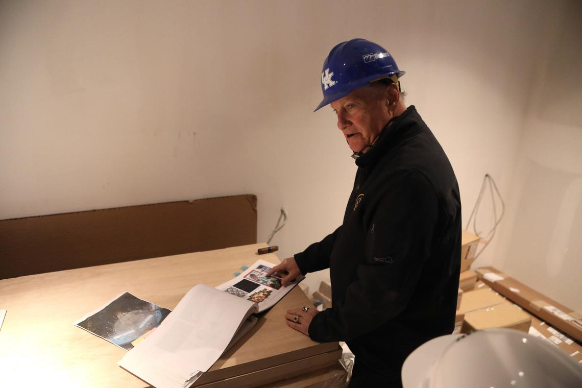 Jeff Ruby, wearing his UK blue hardhat, showed renderings of the restaurant as construction continued on Jeff Ruby’s Steakhouse. The restaurant opens April 20.