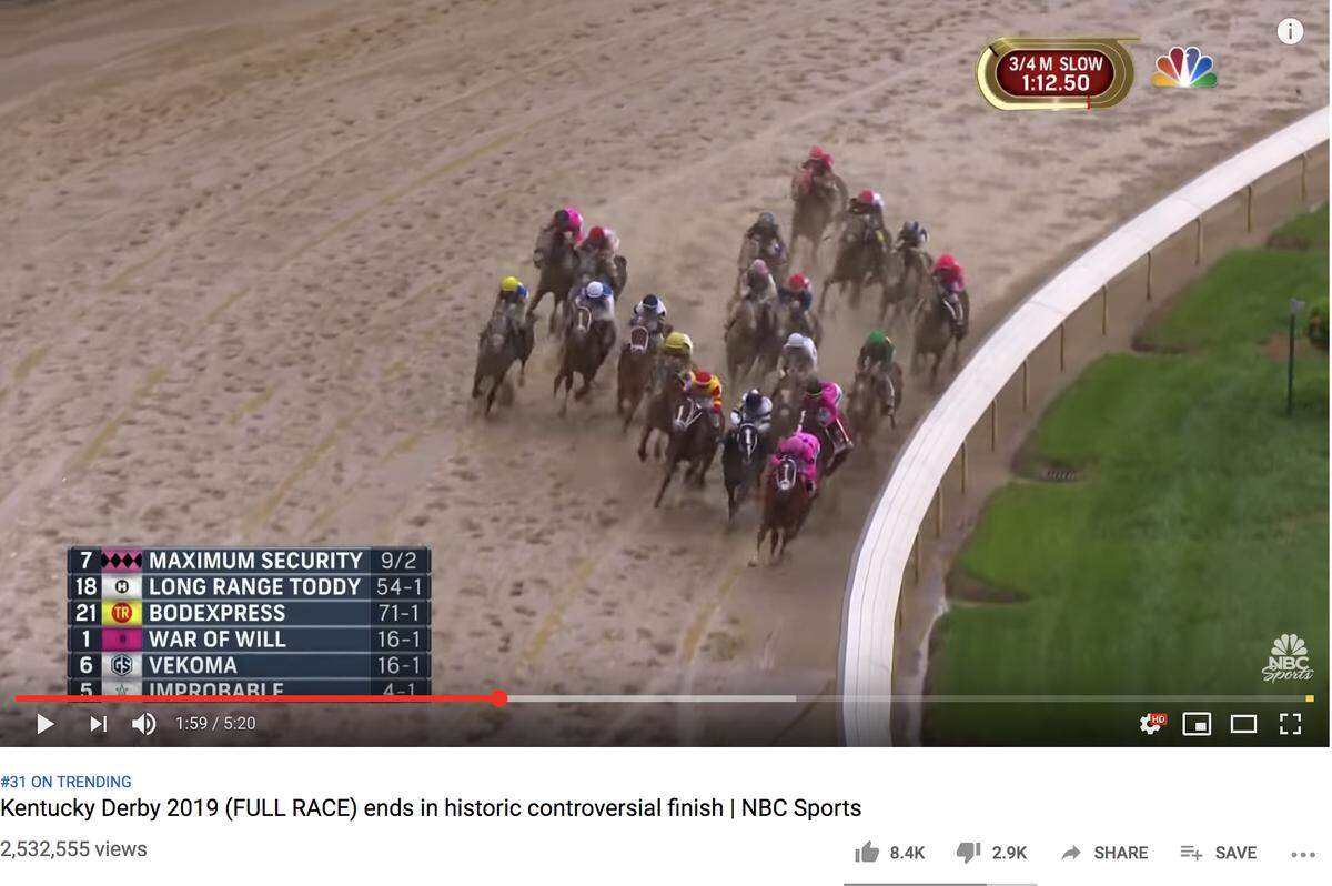At the 1:59 mark, Maximum Security has moved off the rail and War of Will moves with him, Casse said.