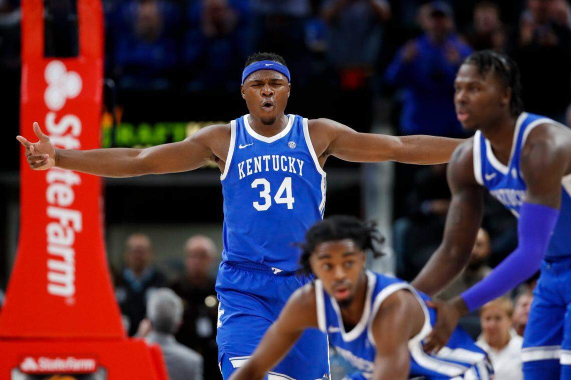 Kentucky’s Oscar Tshiebwe made his season debut against Michigan State on Tuesday, Nov. 15, 2022, in Indianapolis.