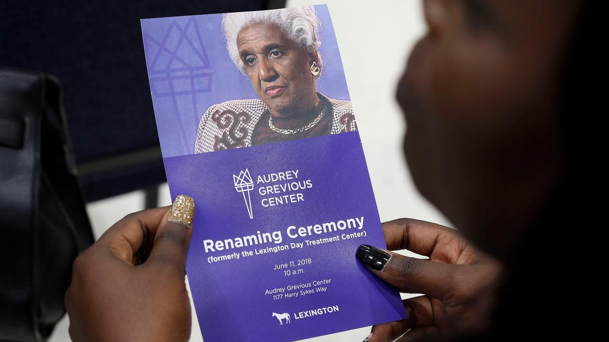 Camille Jefferson held the program honoring her great aunt as the Lexington Day Treatment Center was renamed the Audrey Grevious Center in honor of the late Civil Rights leader and educator during a Monday morning renaming ceremony.  Grevious, once president of the Lexington NAACP chapter, organized numerous protests and sit-ins in the 1960s. The school helps students involved with the court system get their academic careers back on track. Classes are small, and the school offers support through counselors and social workers.