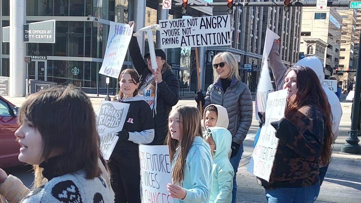 Scores of people turned out for a “Rally for the People” in downtown Lexington, Ky., Saturday, Feb. 1, 2025. The organizer said she was feeling defeated after the presidential election and wanted to give others encouragement to keep fighting.