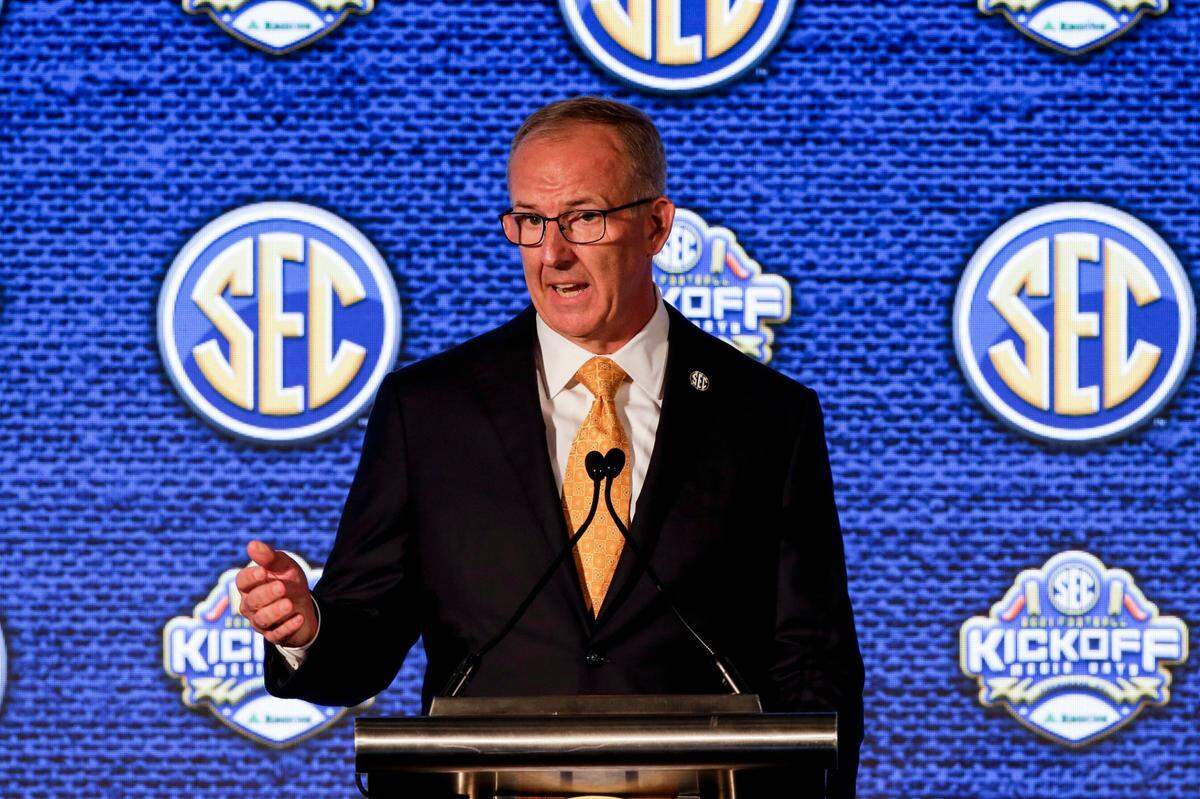 SEC Commissioner Greg Sankey speaks to reporters during Southeastern Conference Media Days for football on July 19, 2021, in Hoover, Ala.