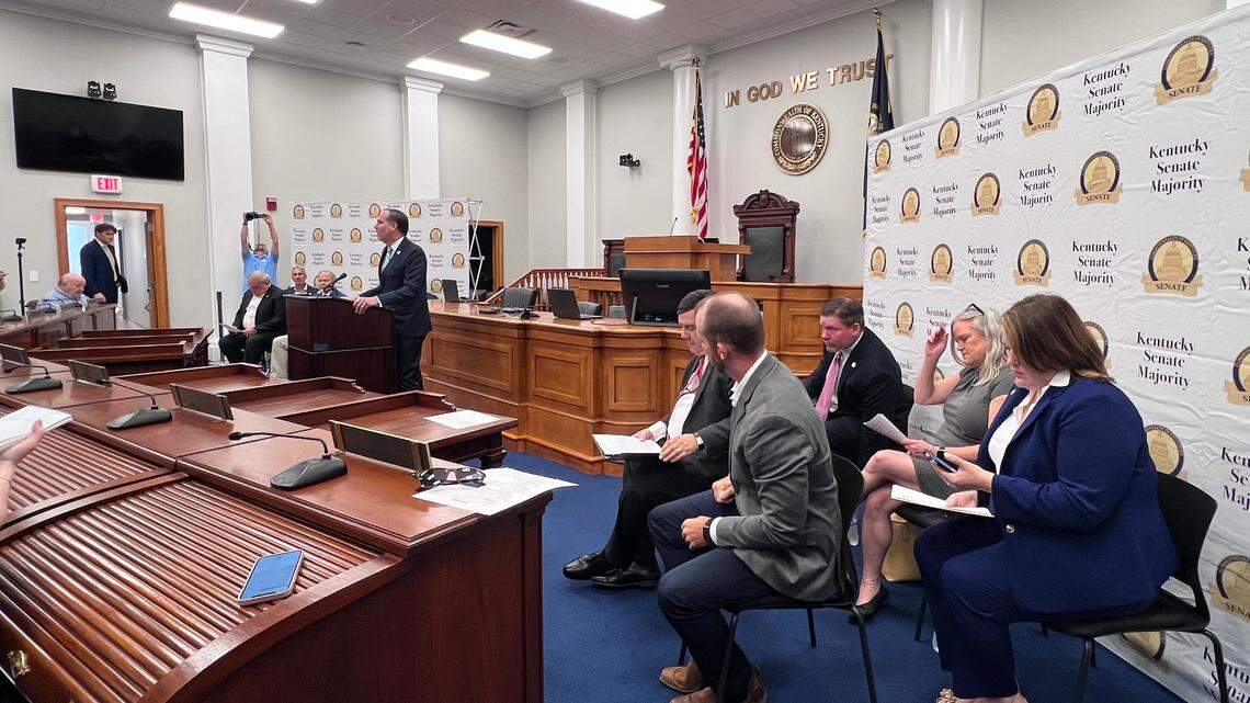 Senate Majority Floor Leader Max Wise, R-Campbellsville, speaks during a press conference addressing the bills passed during the 2025 Legislative session in the Senate’s temporary chambers on June 25, 2025, in Frankfort, Ky.