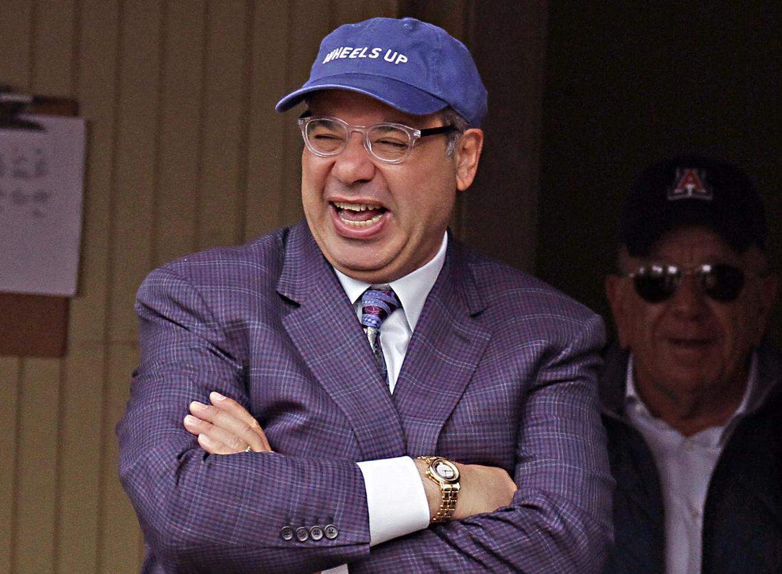 Owner Ahmed Zayat wearing a Wheels Up hat before the 2015 Belmont Stakes.