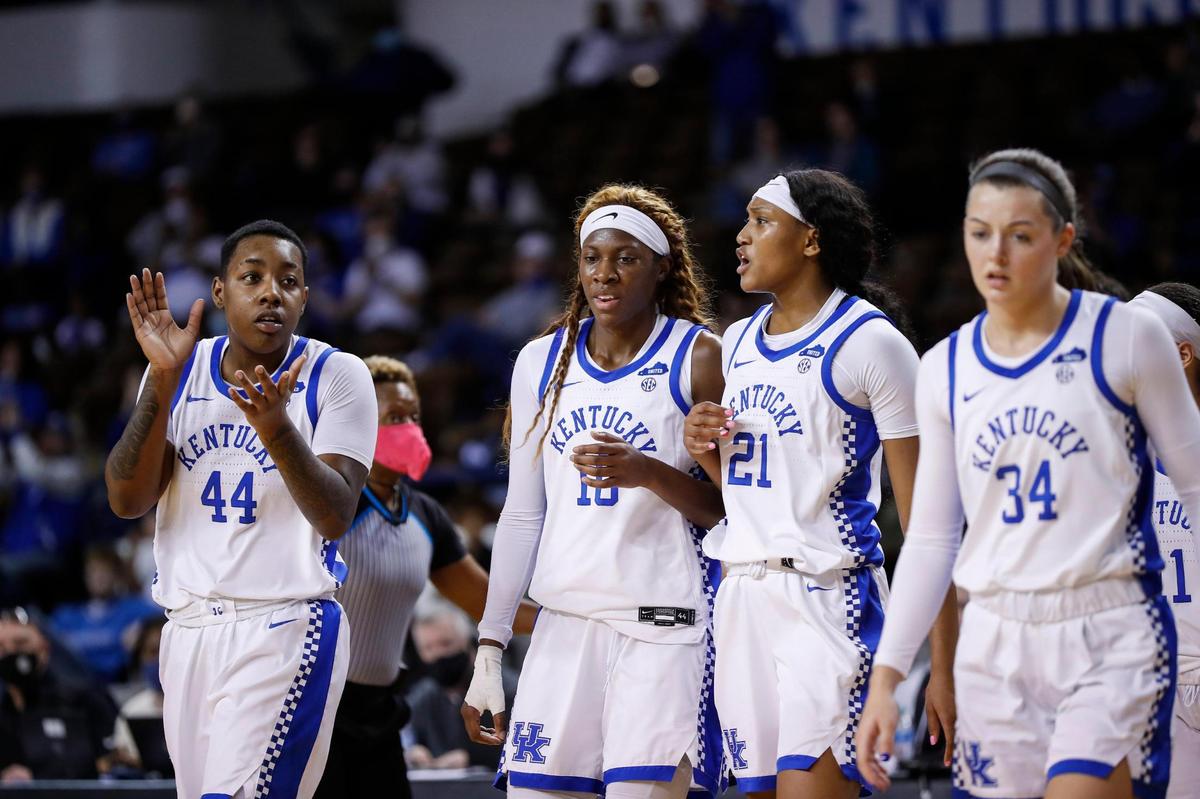Kentucky’s Dre’una Edwards (44), the team’s second-leading scorer at 14.5 points per game, claps as the team walks onto the floor from a timeout against South Carolina at Memorial Coliseum on Feb. 10.