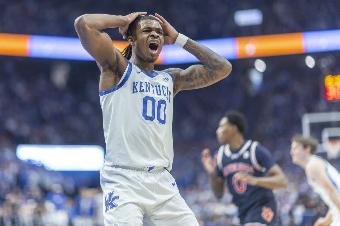 Kentucky guard Otega Oweh reacts during Saturday’s game against Auburn at Rupp Arena.