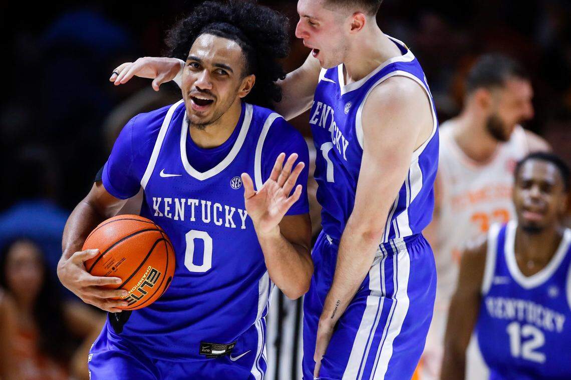 Kentucky’s Jacob Toppin (0) celebrates with CJ Fredrick in the final seconds of their team’s 63-56 victory over Tennessee on Saturday at Thompson-Boling Arena in Knoxville.