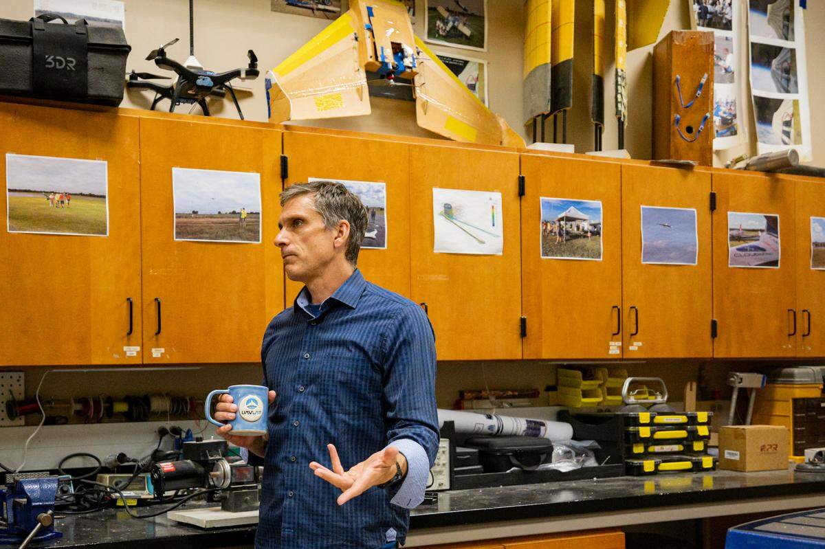 Sean Bailey, UK mechanical and aerospace engineering professor, talks about drone research on Monday, July 14, 2025, at the University of Kentucky campus in Lexington, Ky.