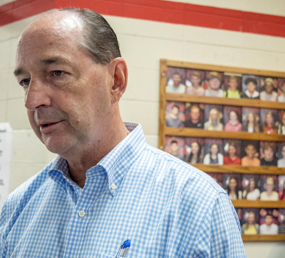 Kentucky House Minority Leader Rocky Adkins, a potential candidate for governor in 2019, talked to the media at a Democratic party breakfast Saturday, August 4, 2018, in Mayfield, Ky.