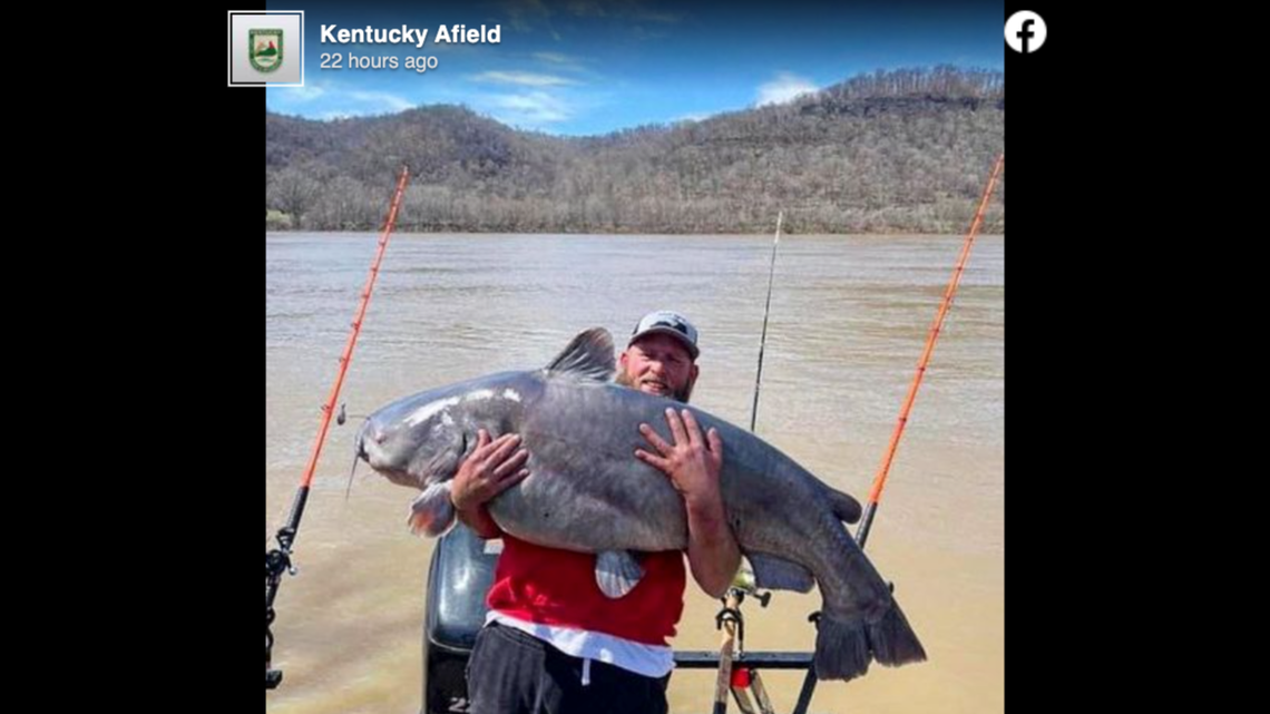 Michael Robinson, with help from his friend Terry Raymer, reeled in a 95-pound catfish on the Ohio River in Kentucky.