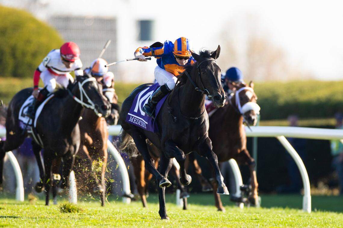 Jockey Ryan Moore wins Friday’s Breeders’ Cup Juvenile Fillies Turf aboard Medidate. More later won the Breeders’ Cup Juvenile Turf with Victoria Road.