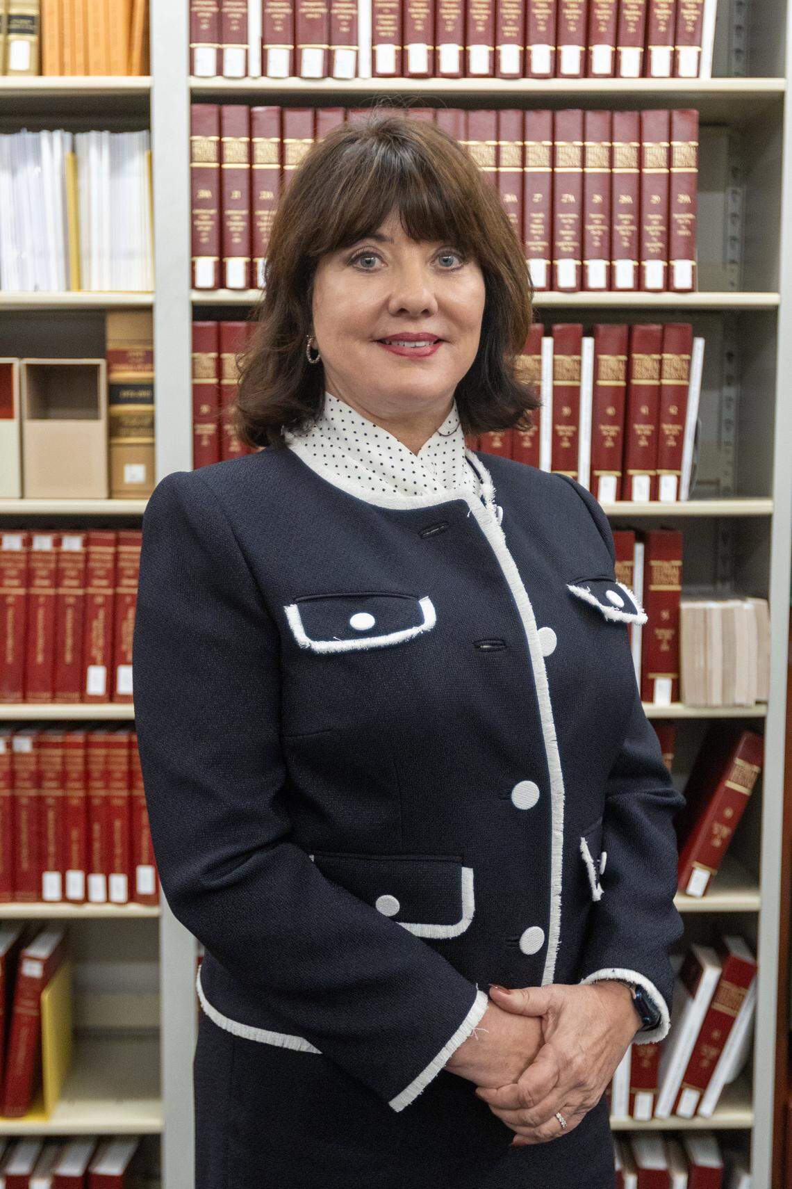 Chief Justice Debra Lambert within the relocated Supreme Court and State Law Library while the Capitol receives renovations. December 2, 2025.