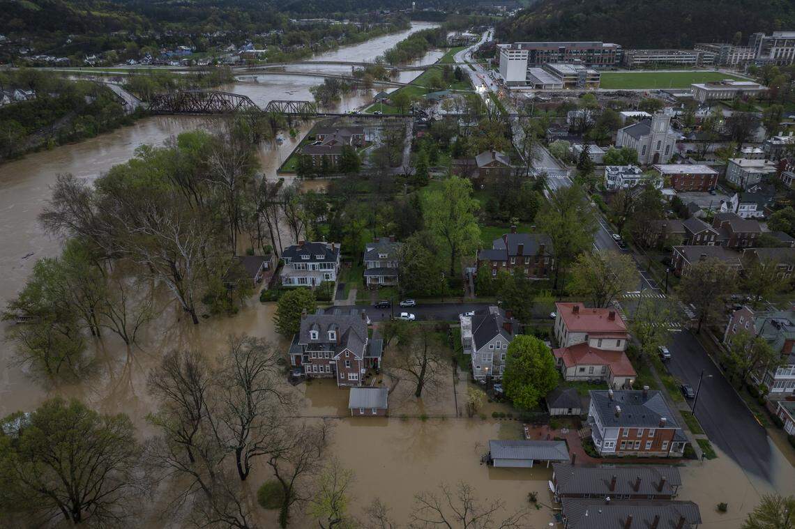 The Kentucky River floods in Frankfort, Ky., on Sunday, April 6, 2025.