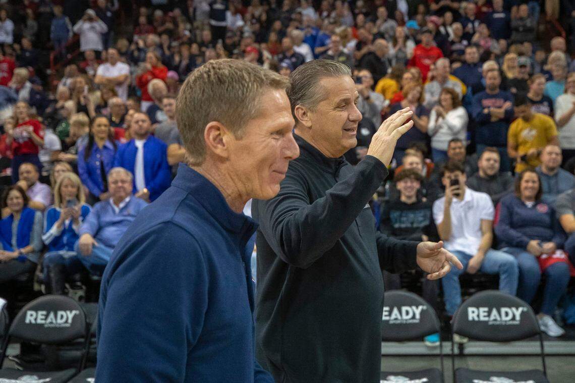 Kentucky coach John Calipari, right, will welcome Gonzaga head man Mark Few and the Bulldogs to play in Rupp Arena for the first time ever Saturday afternoon.