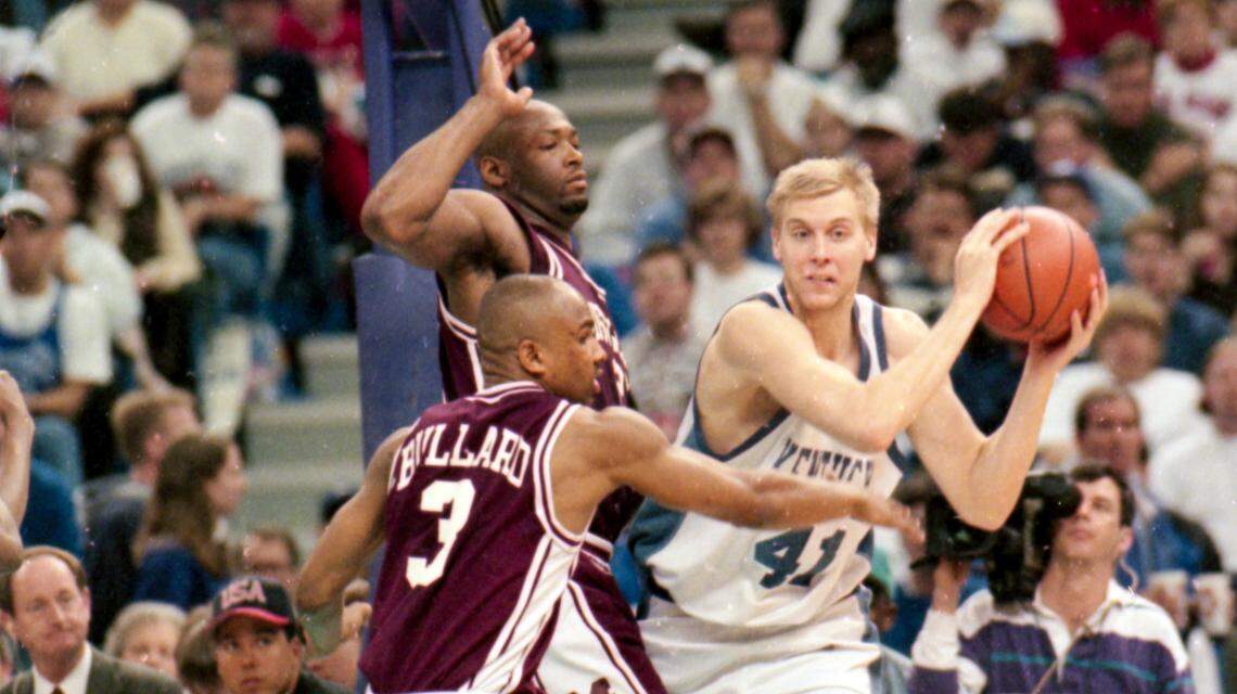 Mark Pope averaged 7.9 points and 5.7 rebounds per game in two seasons at Kentucky in 1994-95 and 1995-96.