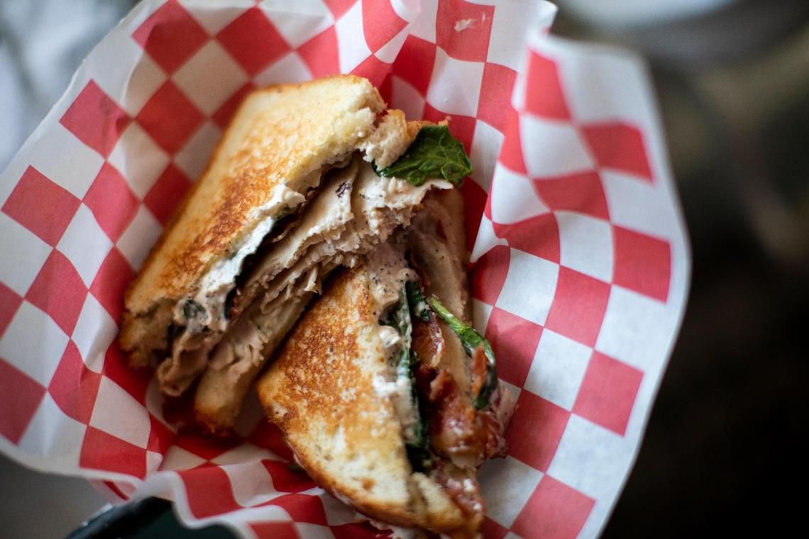 In addition to the baked goods Side Porch Cafe also offers lunch items including soups, sandwiches like this turkey bacon spinach with a homemade cheese spread.