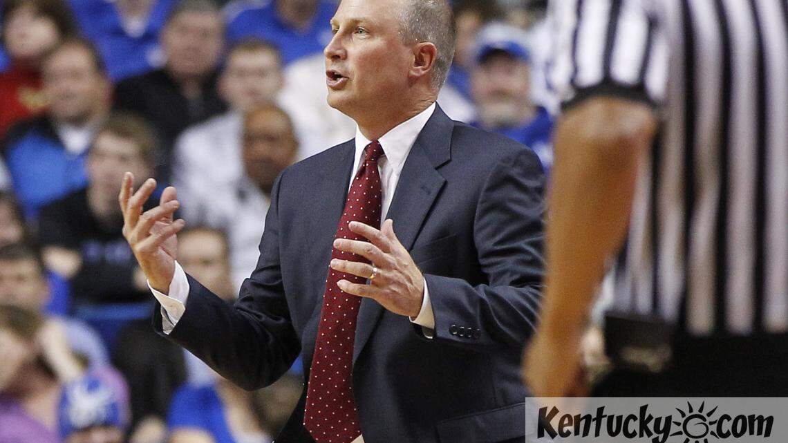 Transylvania coach Brian Lane, talked to his team as #1 UK defeated Transylvania 76-42  on Friday November 1, 2013 in Lexington, Ky. Photos by Mark Cornelison | Staff