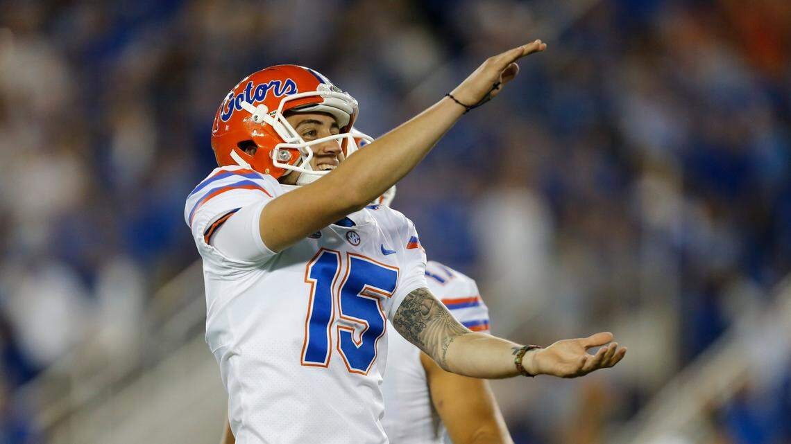 Florida kicker Eddy Pineiro signaled a “Gator Chomp” after he connected on the extra point that gave his team a 28-27 lead on Sept. 23, 2017, in Lexington.