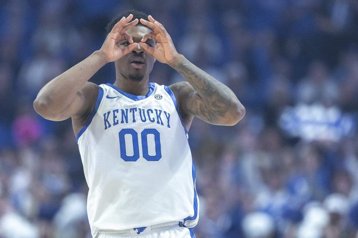 Kentucky guard Otega Oweh reacts after scoring a basket during UK’s 84-70 exhibition game loss to the Georgetown Hoyas at Rupp Arena on Thursday night. Oweh and the Wildcats begin the 2025-26 season for real Tuesday night against Nichols.