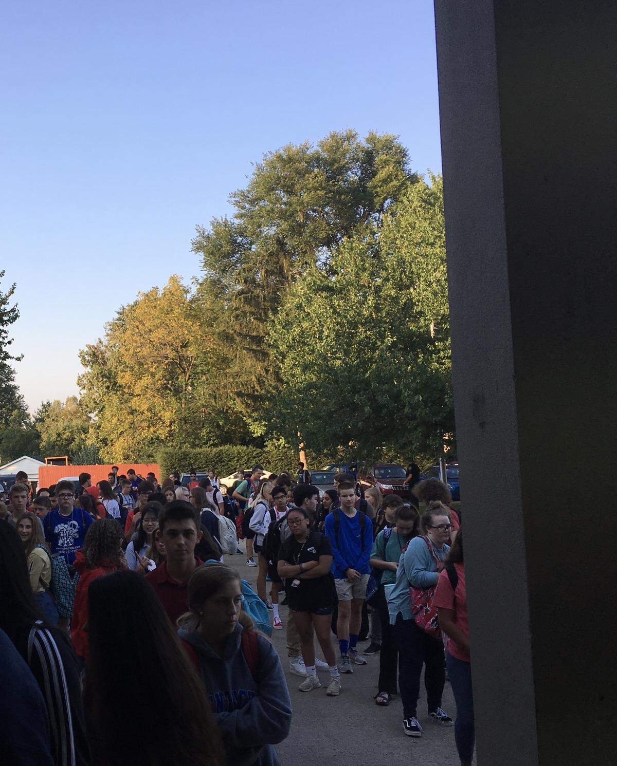 Lafayette High School parent Roel Coenders said this photo shows the long lines of students waiting outside to enter the school building on Thursday, September 12, 2019 to have their backpacks searched as school officials phase in the installation of walk-through metal detectors.