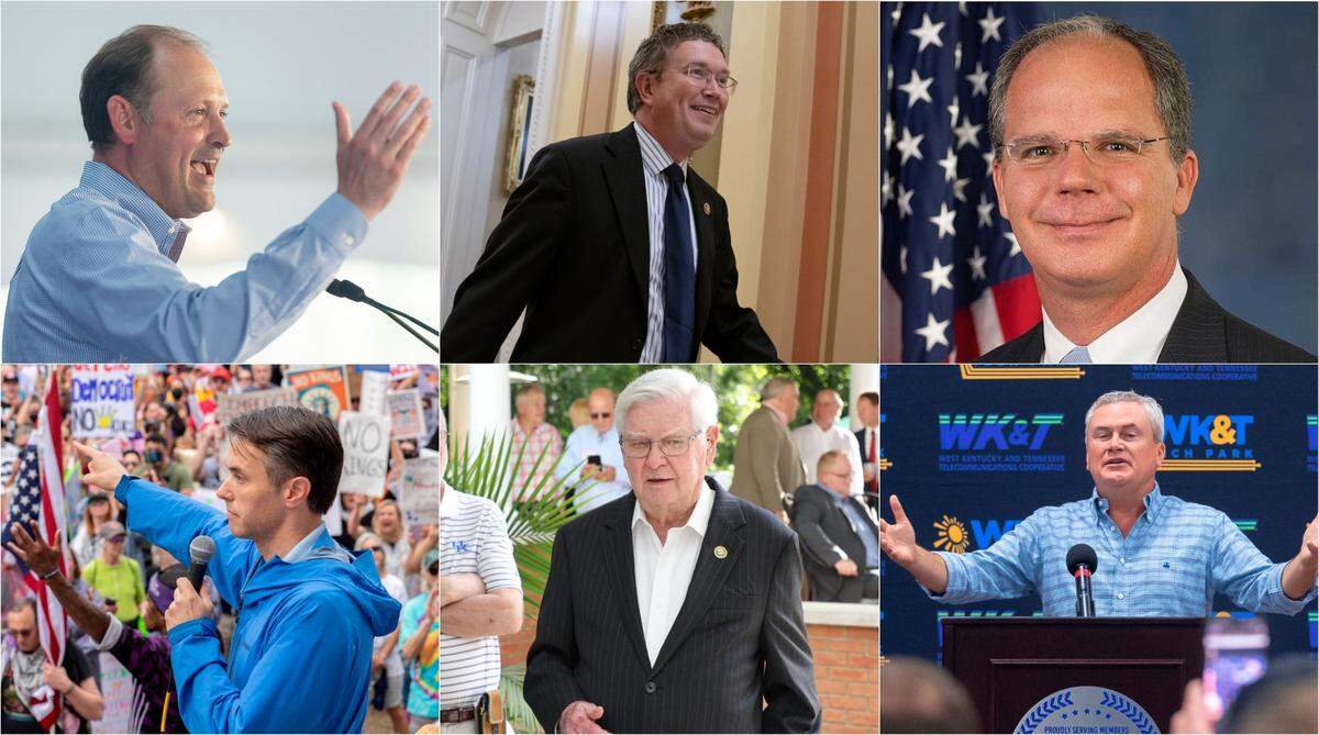 Kentucky’s U.S. House delegation (clockwise from top left) Andy Barr, Thomas Massie, Brett Guthrie, James Comer, Hal Rogers and Morgan McGarvey.