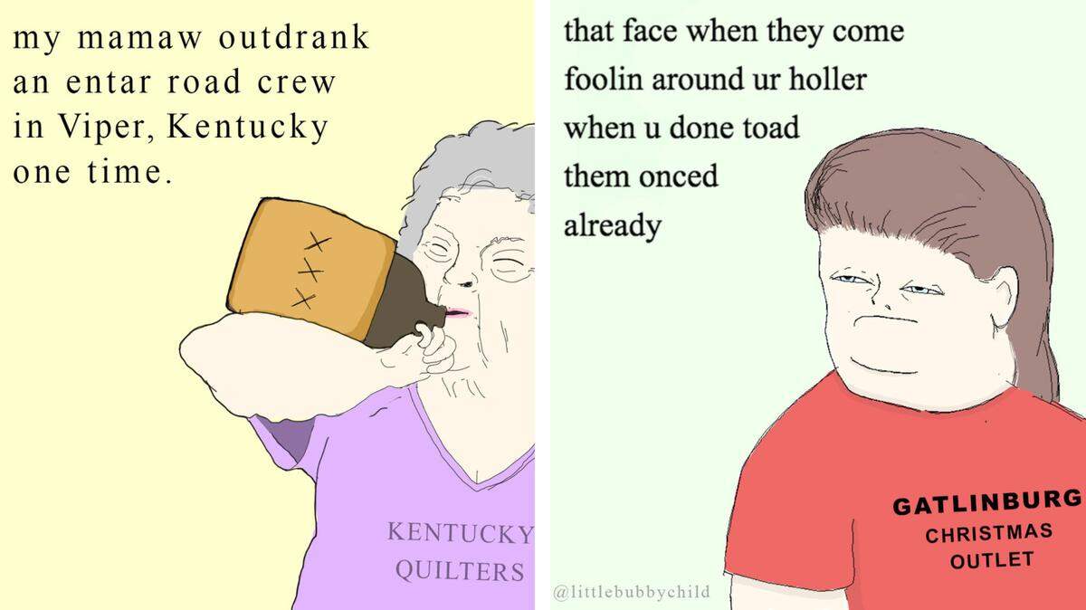 Two cartoons created by Eastern Kentucky based artist Kenneth Pergram from his popular internet meme pages, Little Bubby Child.