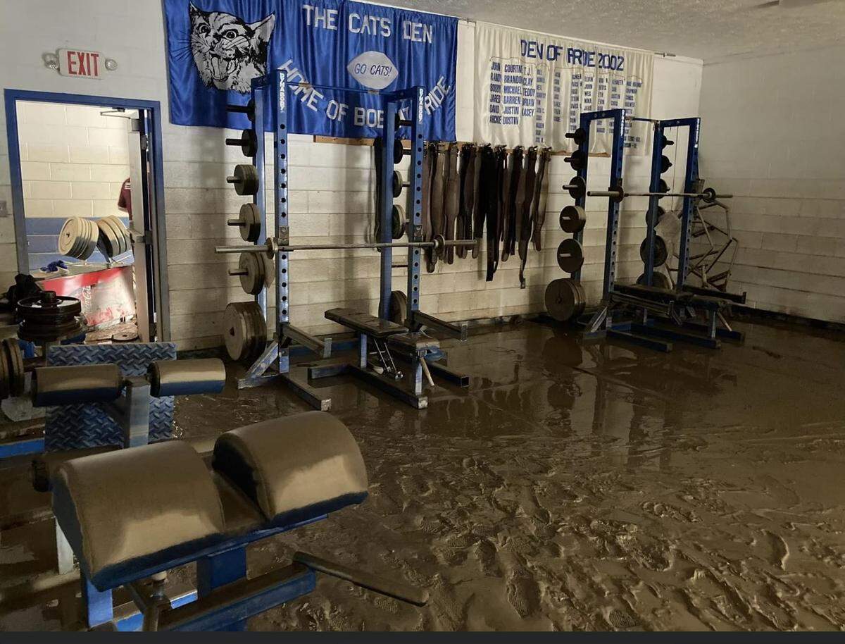 The weight room for the Breathitt County High School football team was covered in mud after last week’s flooding. The Lexington Christian Academy football team traveled to Jackson to assist in cleanup efforts.
