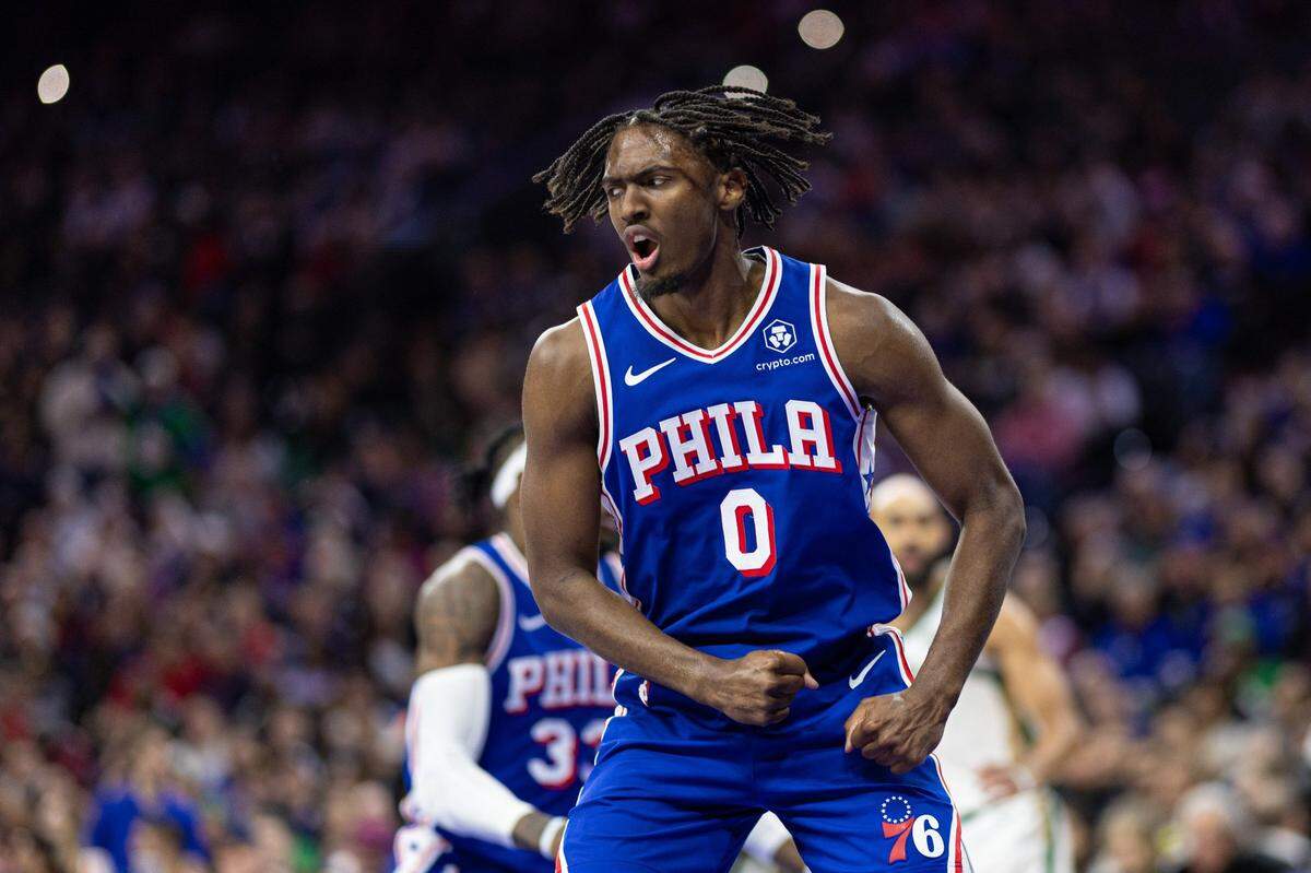 Nov 15, 2023; Philadelphia, Pennsylvania, USA; Philadelphia 76ers guard Tyrese Maxey (0) reacts after his score and one against the Boston Celtics during the third quarter at Wells Fargo Center. Mandatory Credit: Bill Streicher-USA TODAY Sports