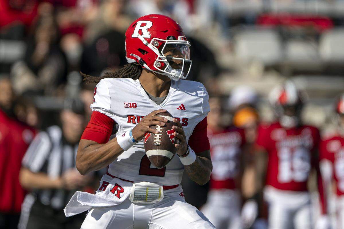 Oct 21, 2023; Bloomington, Indiana, USA; Rutgers Scarlet Knights quarterback Gavin Wimsatt (2) prepares to throw a pass during the first quarter of the game against the Indiana Hoosiers at Memorial Stadium. Mandatory Credit: Marc Lebryk-USA TODAY Sports