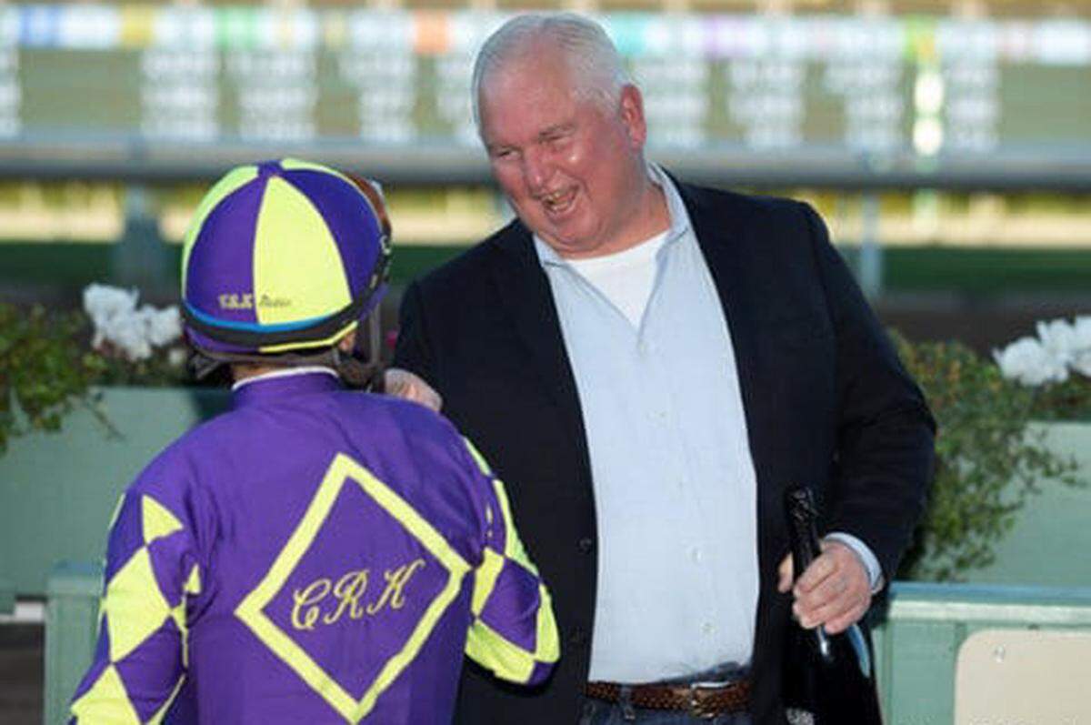Lee Searing, owner of C R K Stable, congratulated Victor Espinoza after his win aboard Midcourt in the San Pasqual Stakes at Santa Anita last February. C R K will enter Honor A. P. as one of the top contenders in Saturday’s Kentucky Derby.