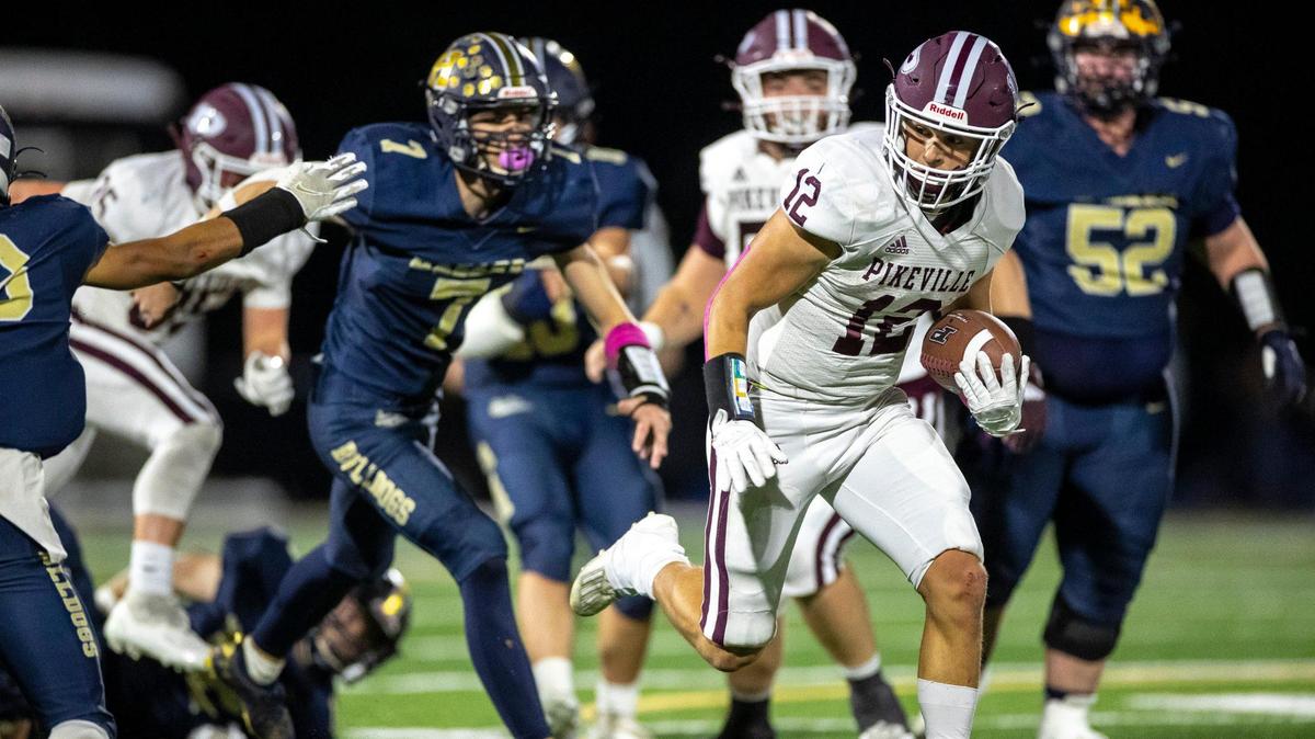 Pikeville Panthers Blake Birchfield (12) runs the ball at Daniel Field in Hazard, Ky., on Friday, Oct. 22, 2021. Pikeville won, 17-0. Birchfield scored two touchdowns.