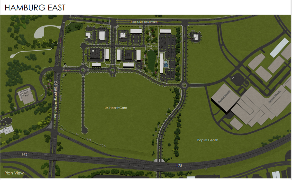 Site plan for new 44-acre Hamburg East, a Cowgill Inc. development that will include hotel, apartments, restaurant and retail spaces. Construction will begin in January 2024.
