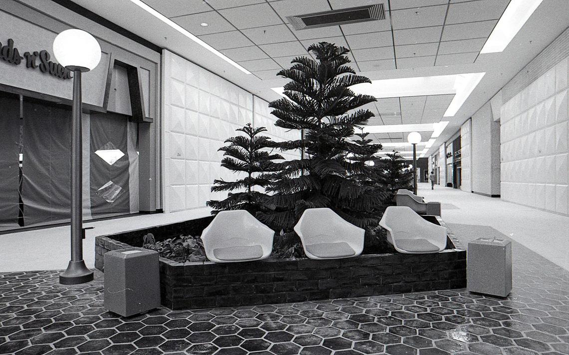 THEN: A sitting area in the new Fayette Mall, taken days before it opened on Oct. 11, 1971 in Lexington, Ky. At left is the store Cards N’ Such which sold greeting cards, candles and accessories. The wide walking areas were lit up by ample skylights giving the green space sunlight. At night, gas lights lit up the mall. This is located where the entrance to JCPenney is today.