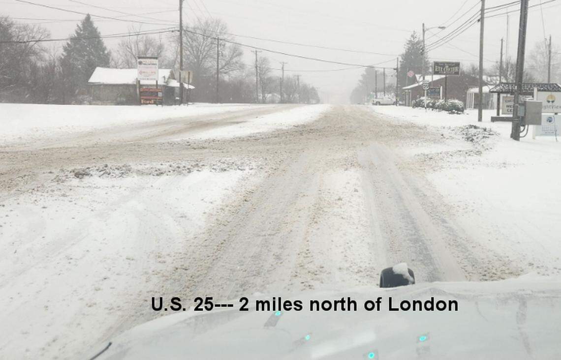 U.S. 25 in Laurel County, Kentucky was snow-covered and slick on Feb. 19, 2025 after more than four inches of snow had fallen.