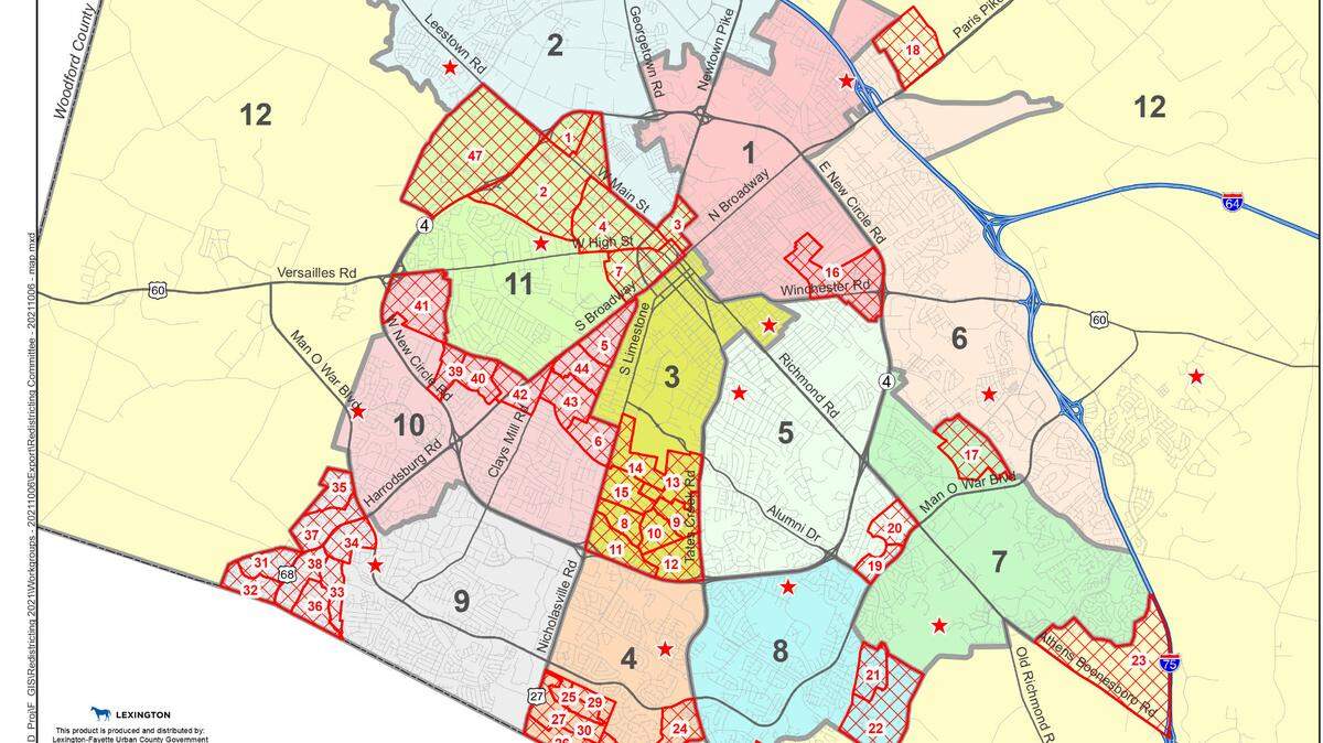 A map of the proposed changes to the Lexington-Fayette Urban County Council’s 12 council districts. The city redistricts every 10 years after the U.S. Census to account for population changes. The public can weigh in on the proposed redistricting changes at a meeting at 10 a.m. Wednesday at city hall.