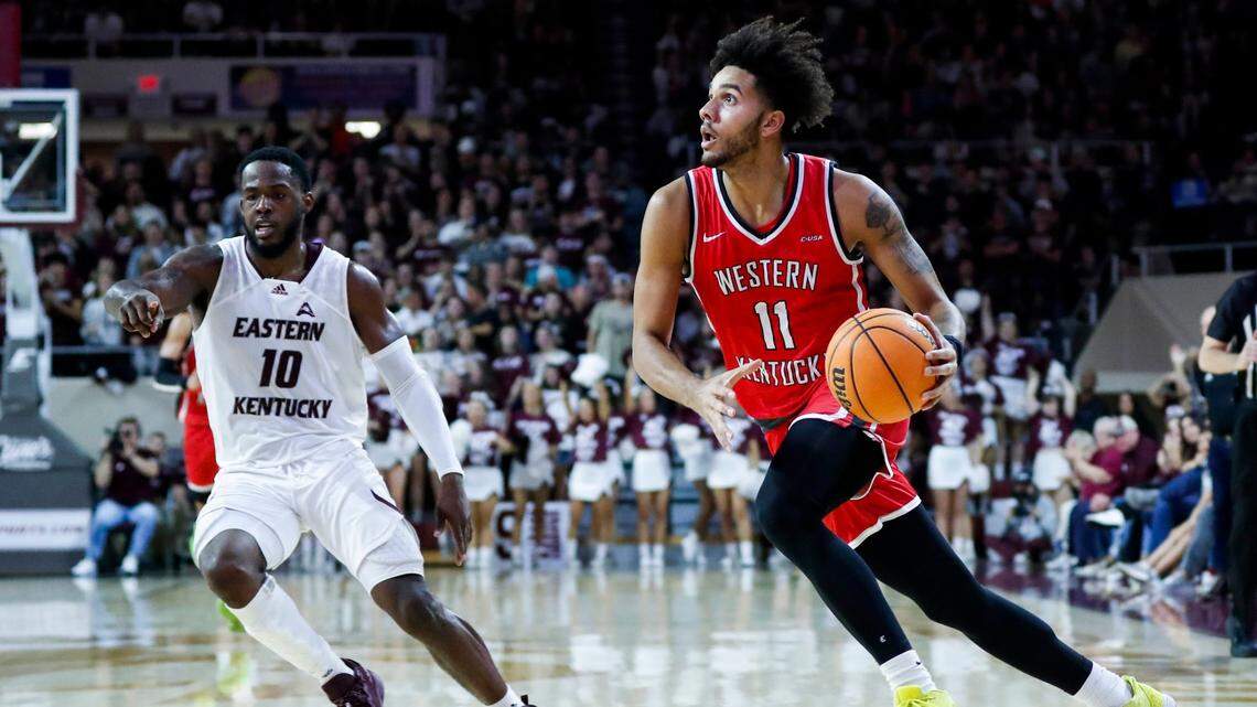 Dontaie Allen, right, is averaging 8.0 points and 2.7 rebounds per game this season for Western Kentucky.