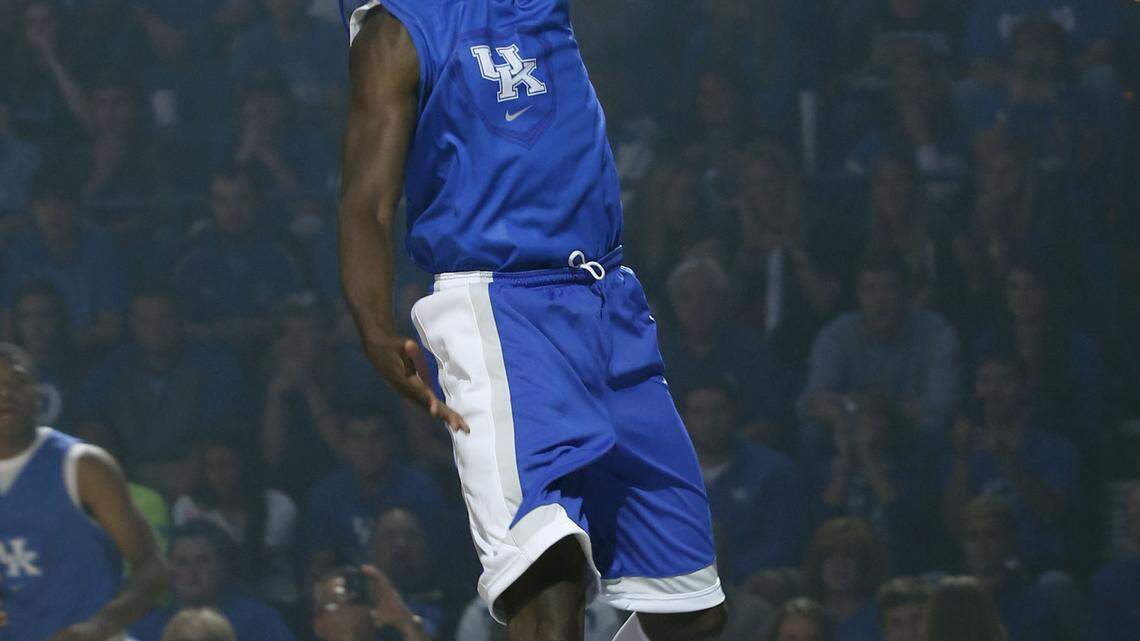 Freshman Wildcat forward Julius Randle delivered a one-handed dunk during Big Blue Madness at Rupp Arena.