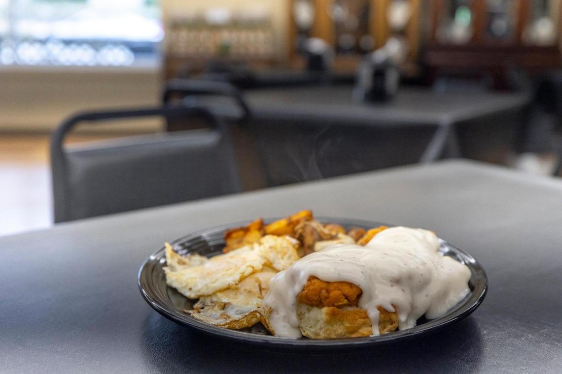 The chicken biscuit breakfast at the Dixie Cafe & Quick Stop in Keene, Ky., includes fried chicken, a biscuit, two eggs and fried potatoes.