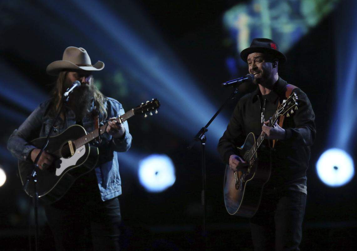 Justin Timberlake, right, and Chris Stapleton perform at the Brit Awards 2018 in London in February.