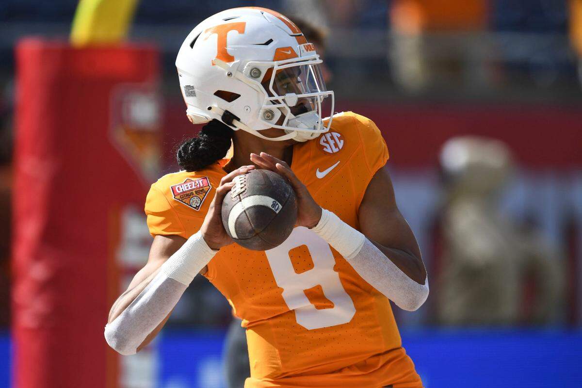 Tennessee quarterback Nico Iamaleava (8) is completing 63.5 percent of his throws this season and has passed for 1,413 yards with eight touchdowns vs. four interceptions.