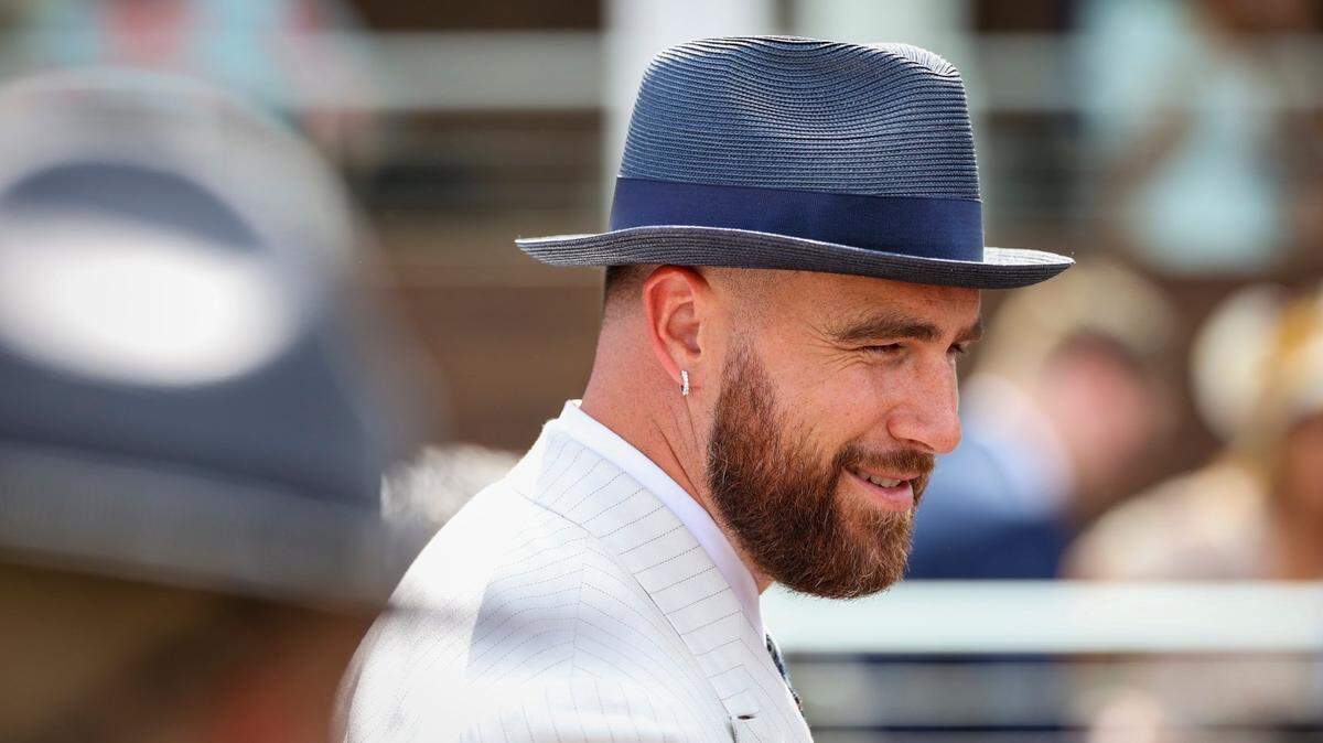 Travis Kelce of the Kansas City Chiefs walks through the Paddock at Churchill Downs on Derby Day, Saturday, May 4, 2024.
